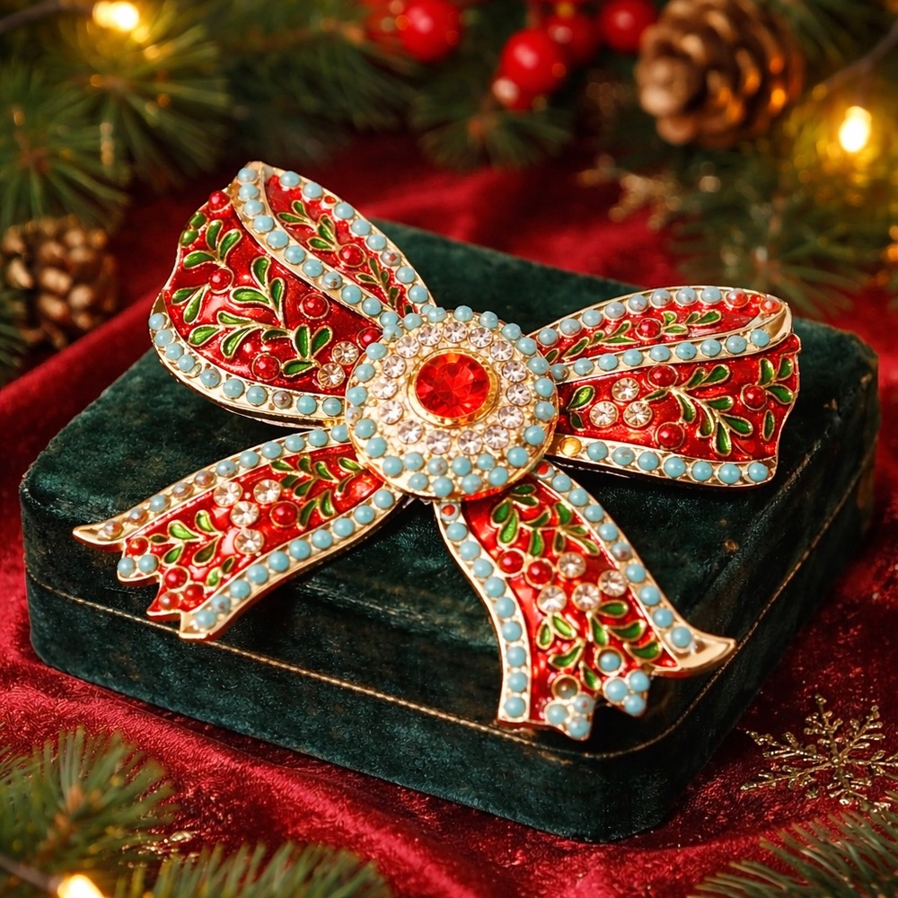 Festive Red & Turquoise Bow Brooch - Elegant Holiday Jewelry